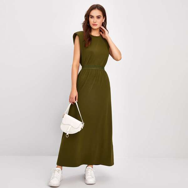 

Padded Shoulder Tank Top & Skirt Set, Olive green