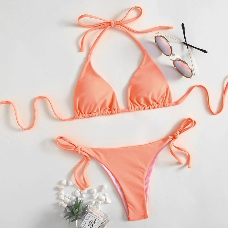 

Triangle Tie Side Bikini Swimsuit, Coral orange