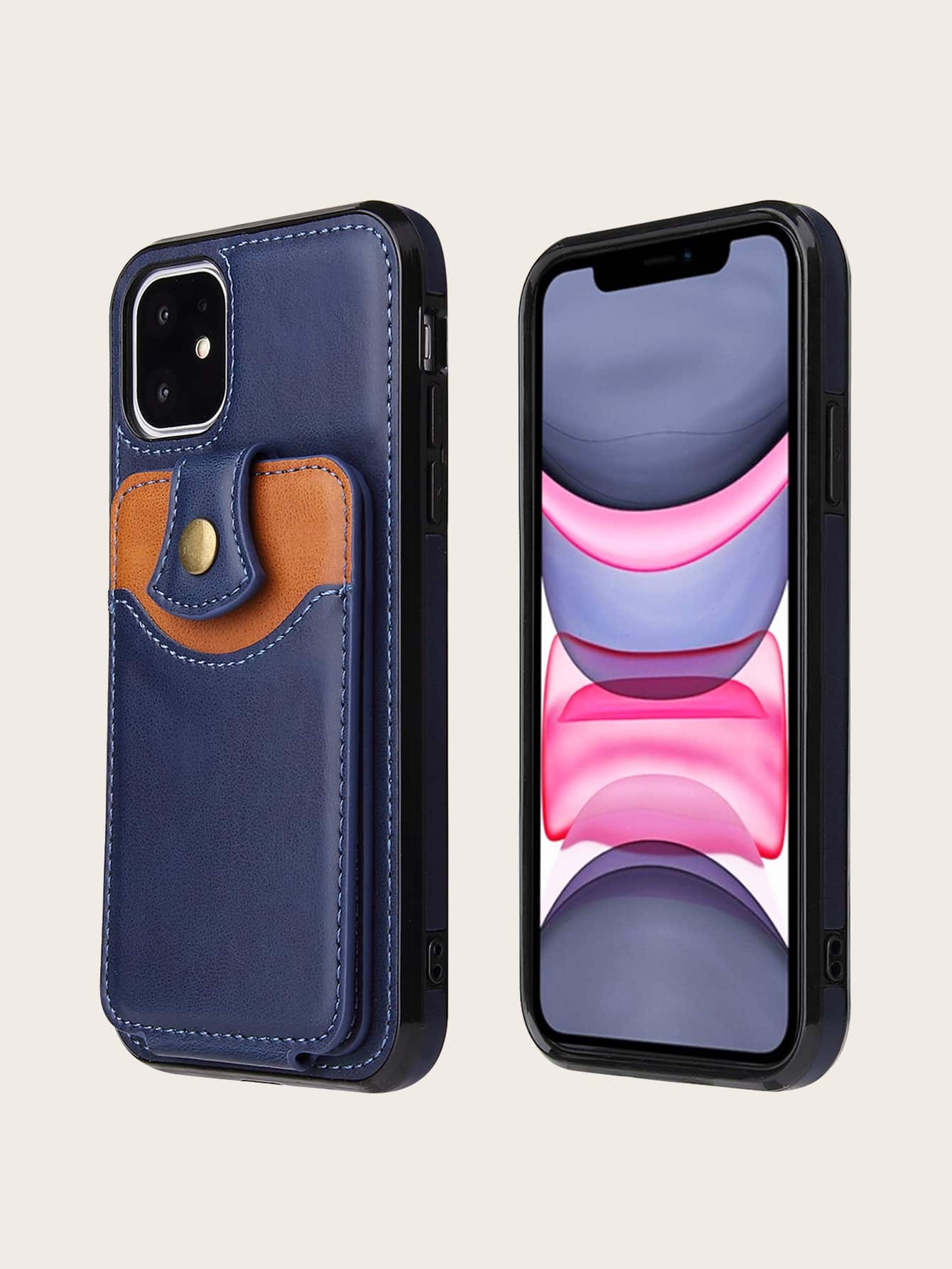 Snap Button Wallet Case Compatible With iPhone - Blue - View 1