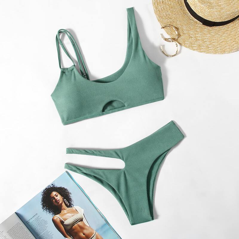 

Asymmetrical Neck Cut-out Bikini Swimsuit, Green