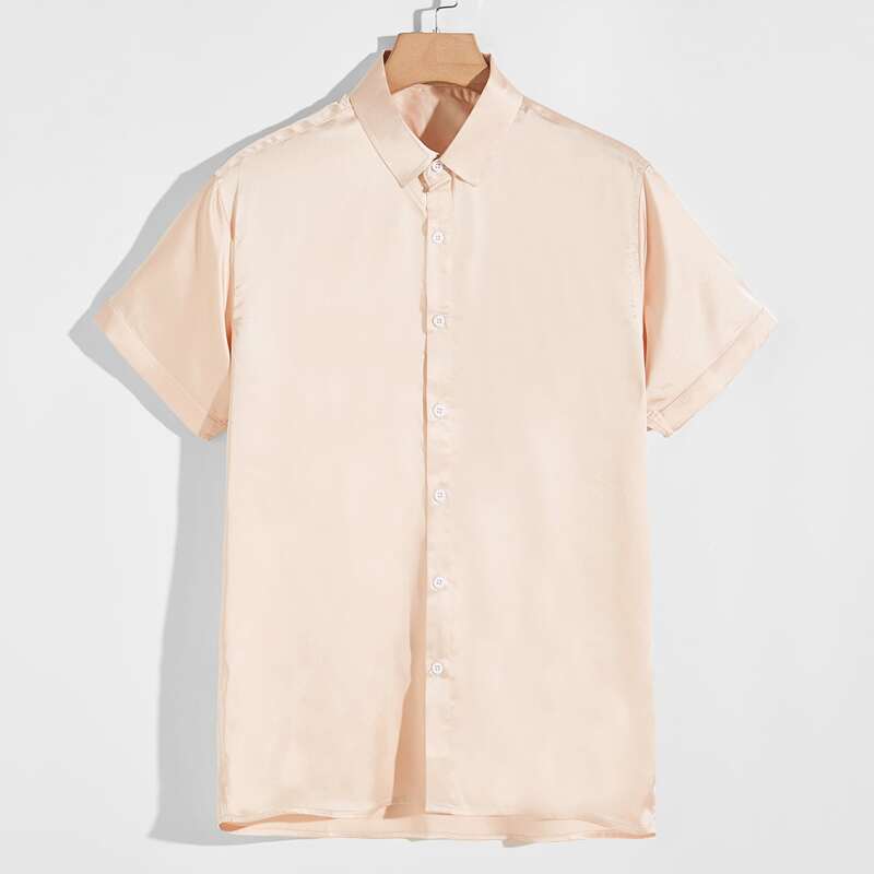 

Guys Satin Button Up Solid Shirt, Baby pink