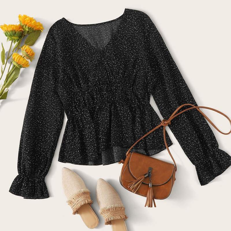 

All Over Print Ruffle Blouse, Black