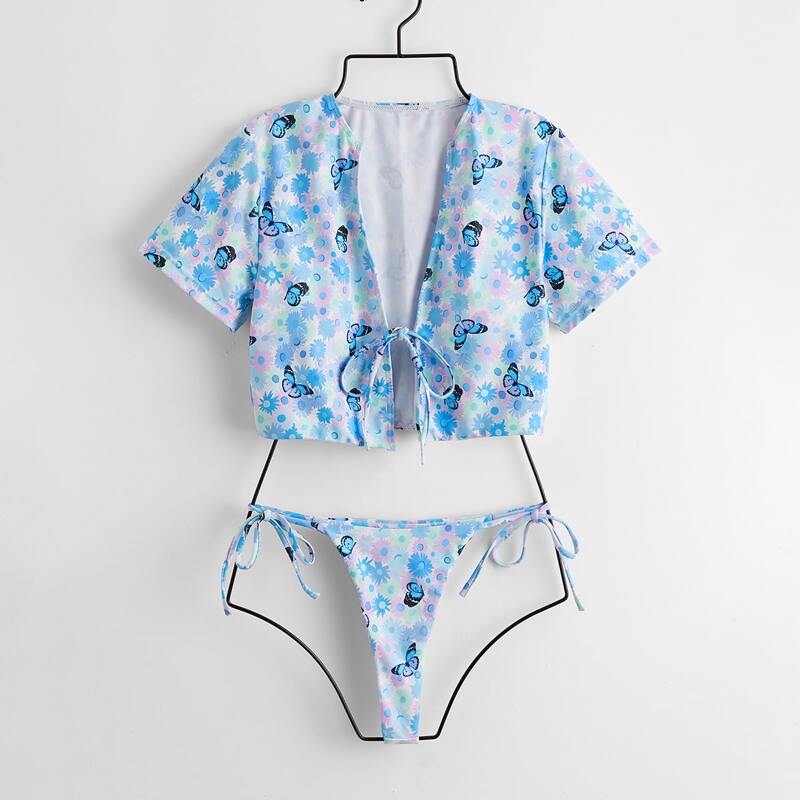 

Floral & Butterfly Print Tie Side Bikini Swimsuit, Multicolor