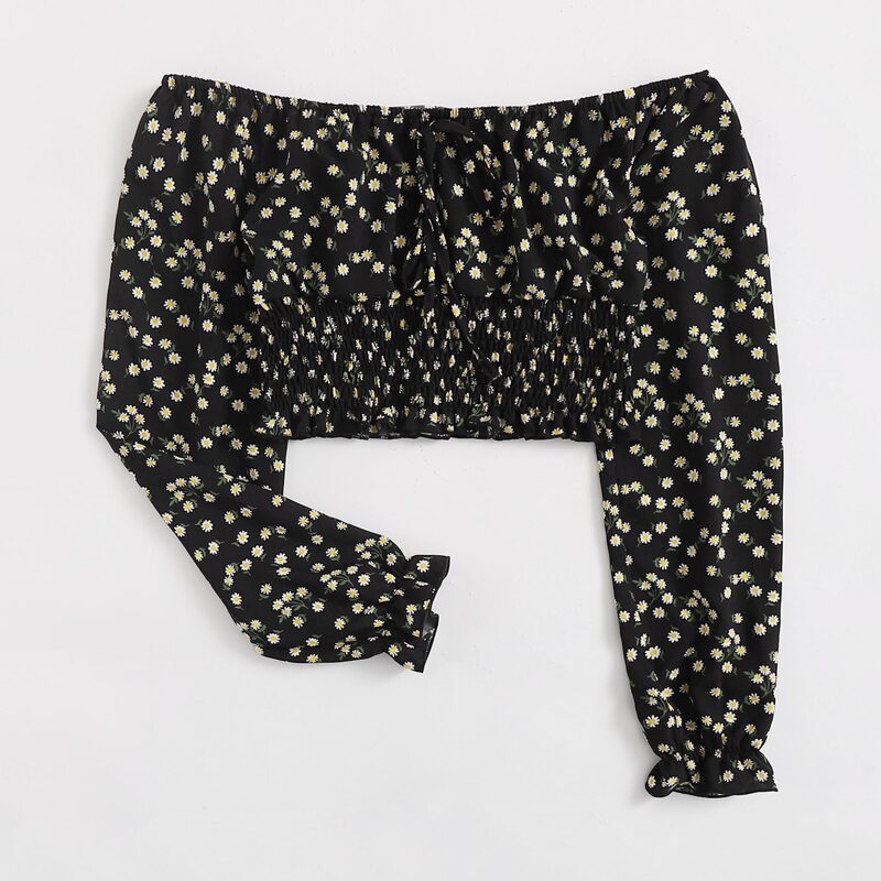 

Off Shoulder Daisy Floral Crop Top, Black