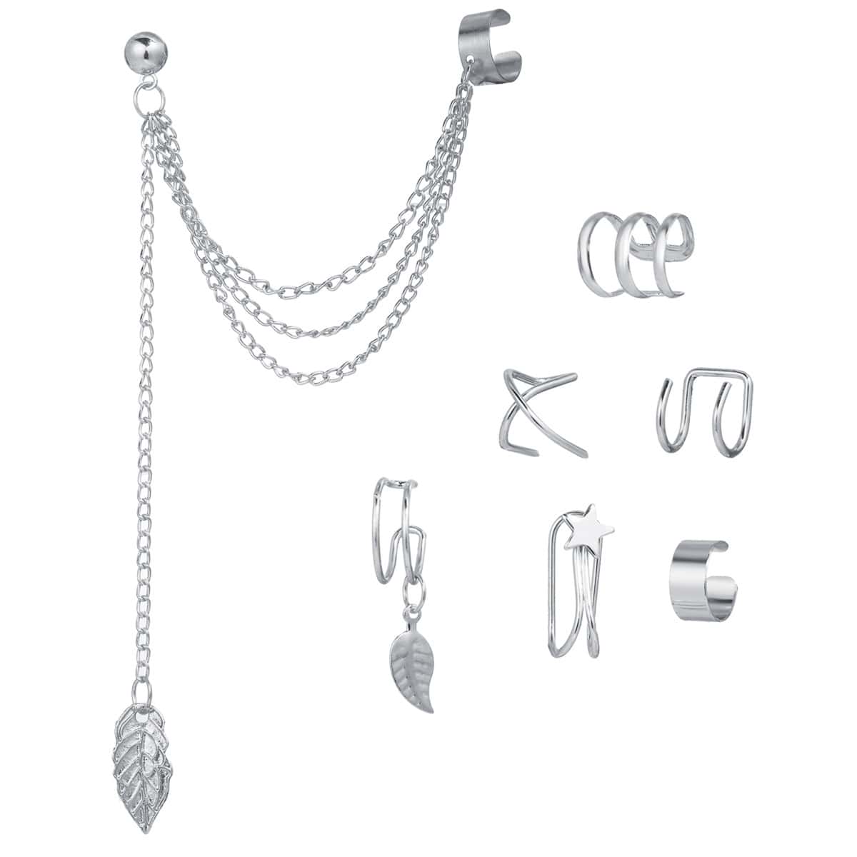 

7pcs Chain Linked Leaf Earring Set, Silver