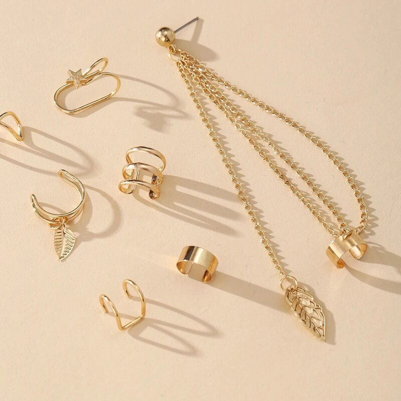 

7pcs Chain Linked Leaf Earring Set, Gold