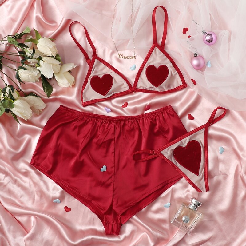 

Heart Applique Lingerie Set With Satin Shorts, Multicolor