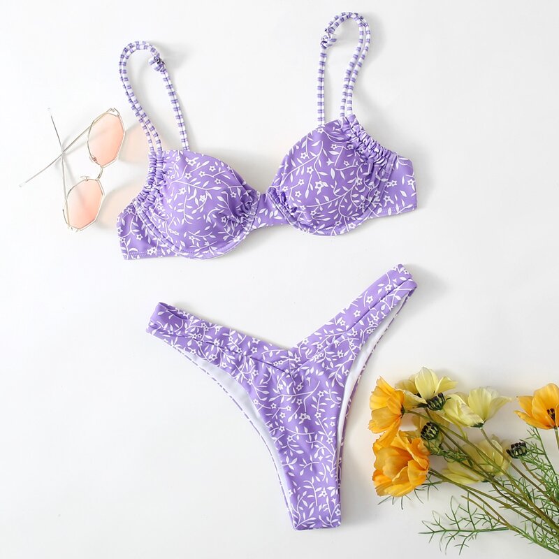 

Ditsy Floral High Cut Bikini Swimsuit, Lilac purple