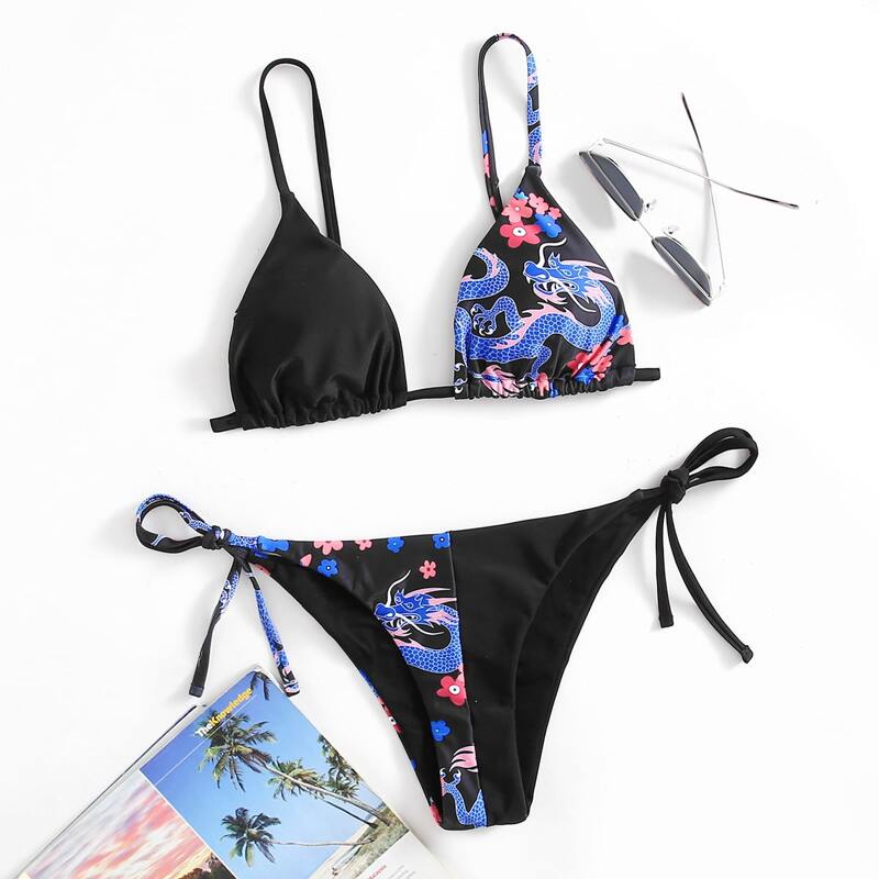 

Contrast Chinese Dragon Print Tie Side Bikini Swimsuit, Black