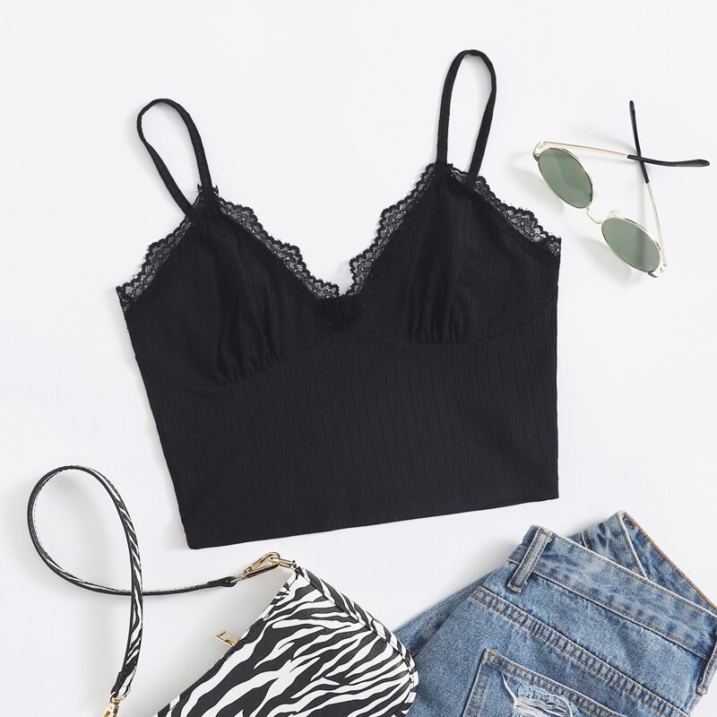 

Ruched Bust Lace Trim Rib-knit Cami Top, Black