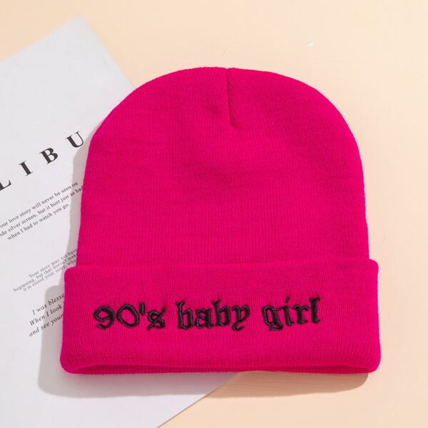 

Letter Embroidery Knit Beanie, Hot pink