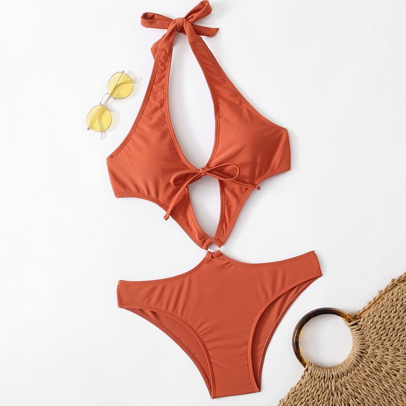 

O-ring Linked Cut Out One Piece Swimsuit, Burnt orange