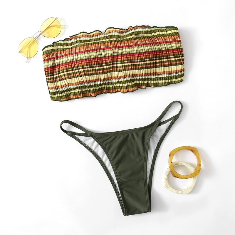 

Colorful Striped Pleated High Cut Bikini Swimsuit, Multicolor