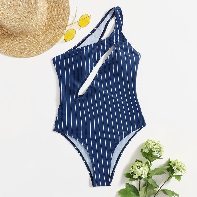 

Striped One Shoulder Cut-out One Piece Swimsuit, Blue