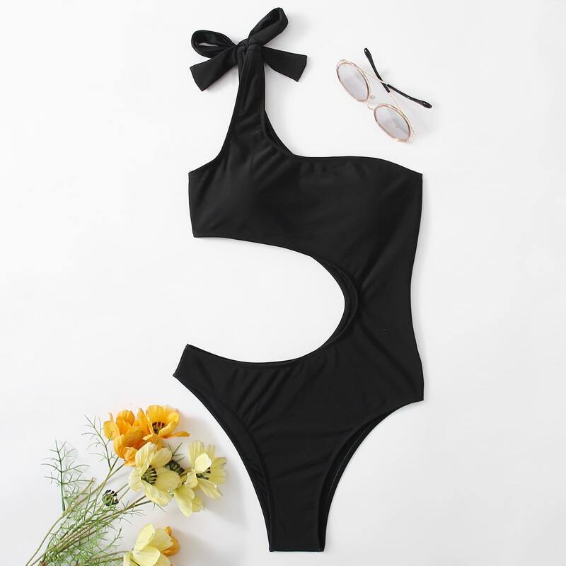 

One Shoulder Cut-out One Piece Swimsuit, Black