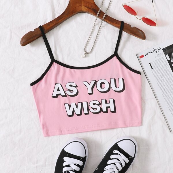 

Slogan Graphic Contrast Binding Cami Top, Pastel baby pink