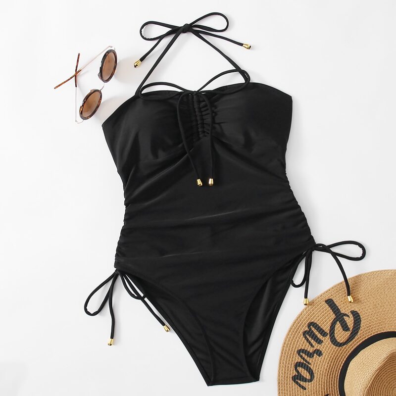 

Drawstring Ruched One Piece Swimsuit, Black