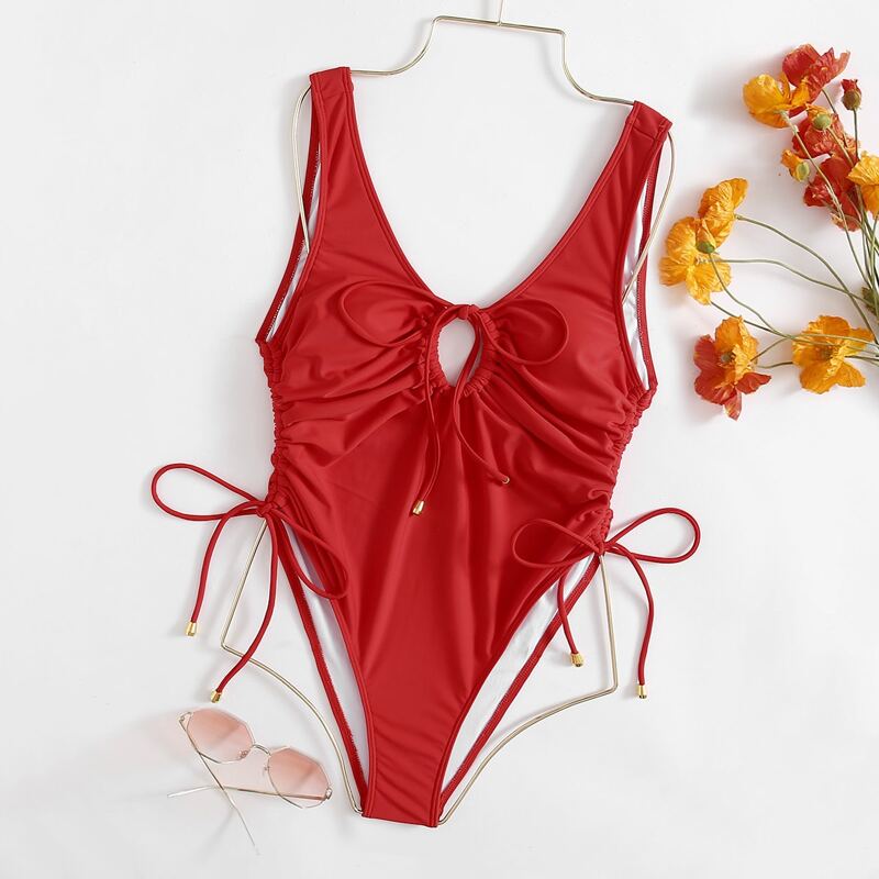 

Drawstring Cut-out One Piece Swimsuit, Red