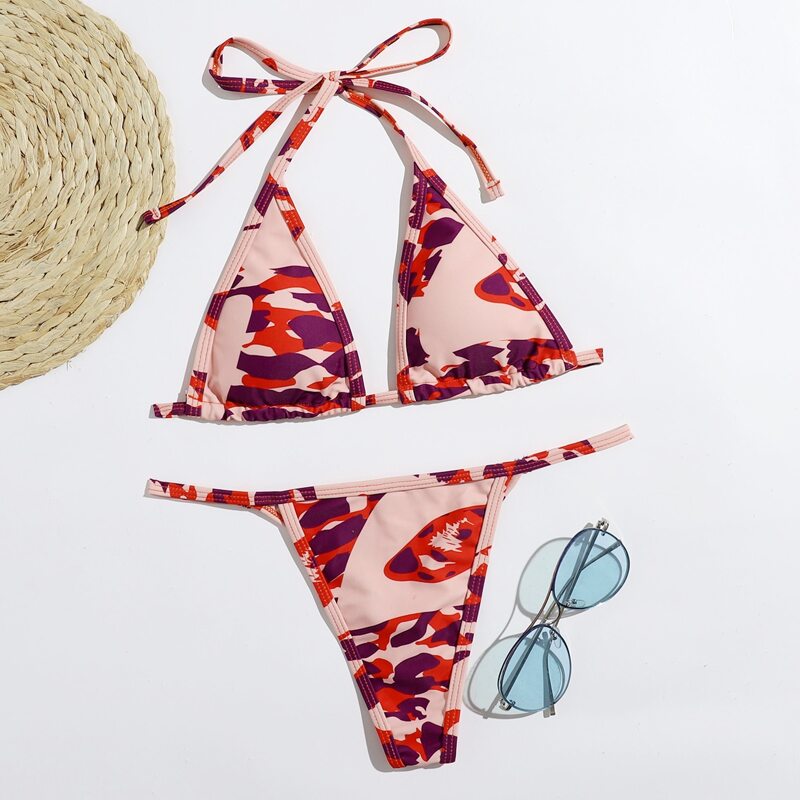 

Allover Print Triangle Bikini Swimsuit, Multicolor