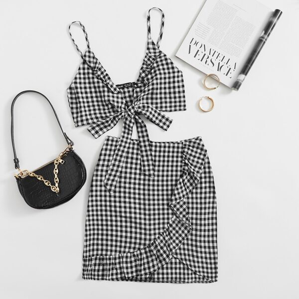 

Gingham Tie Front Cami Top & Ruffle Trim Skirt Set, Black and white