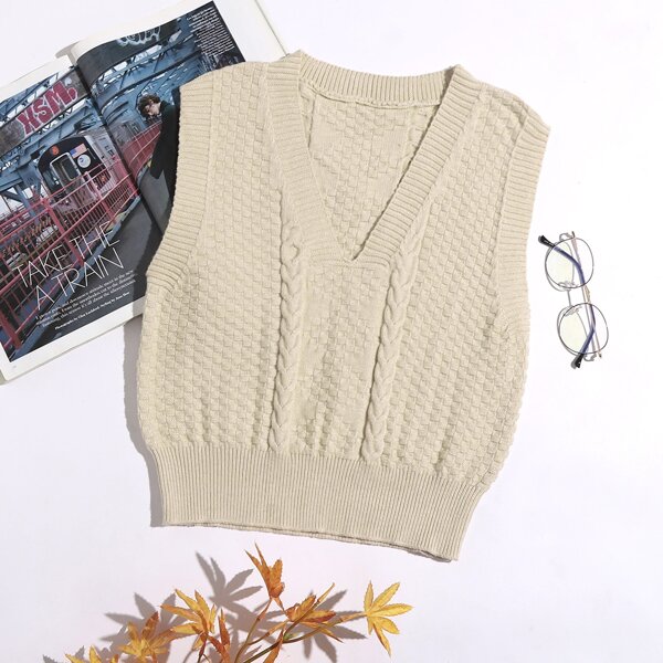 

V Neck Crop Sweater Vest, Apricot