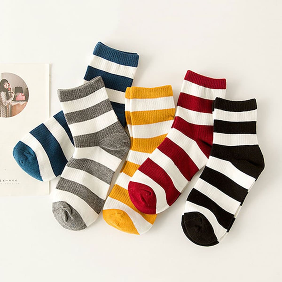 

5pairs Striped Crew Socks, Multicolor