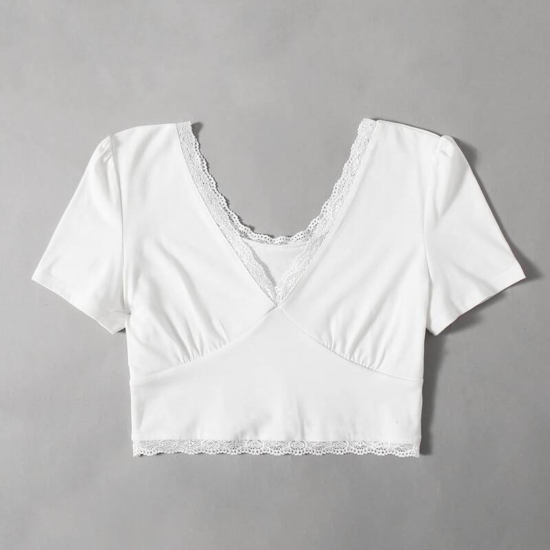 

Solid Contrast Lace Crop Tee, White