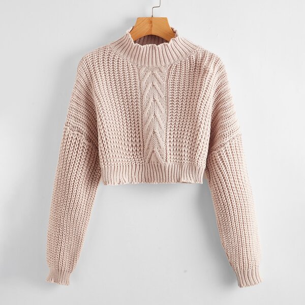 

Drop Shoulder Ribbed Knit Crop Sweater, Apricot