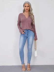 SHEIN LUNE Notched Neck Pocket Front Waffle Knit Top - Dusty Pink - View 3