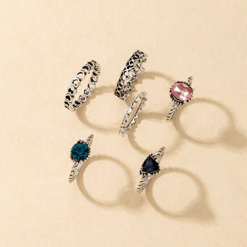 

6pcs Rhinestone Ring Set, Silver