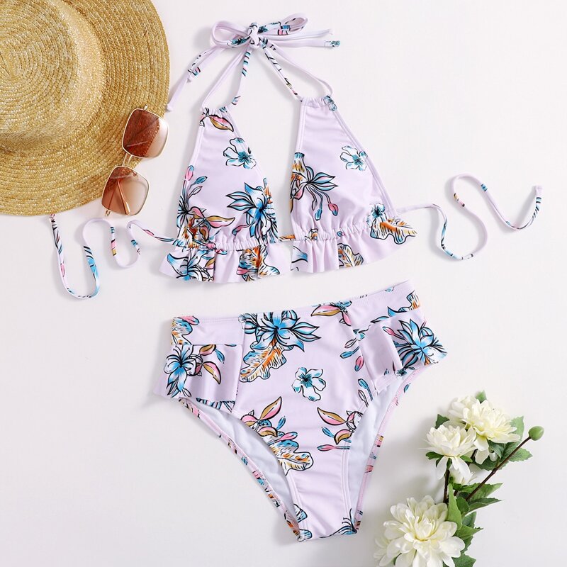 

Floral Ruffle Hem Triangle Bikini Swimsuit, Multicolor