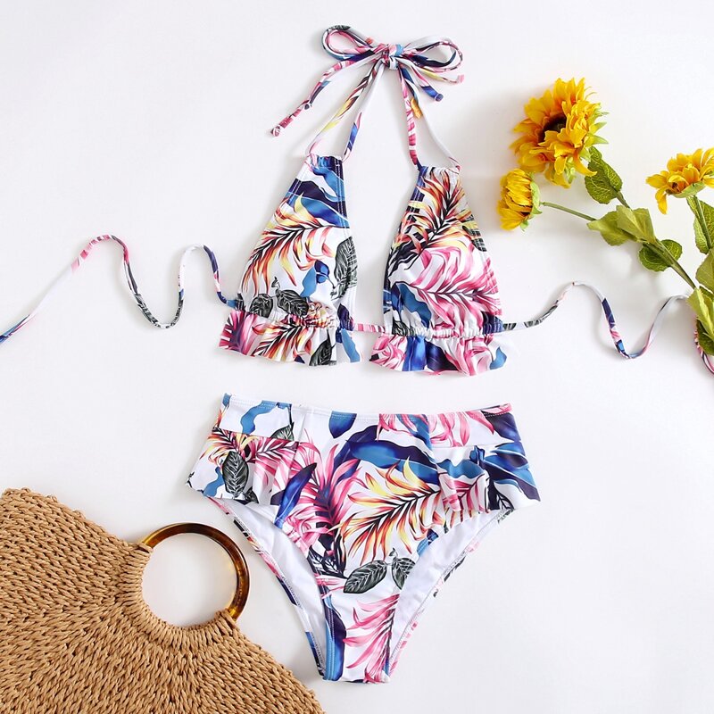

Floral Ruffle Hem Triangle Bikini Swimsuit, Multicolor