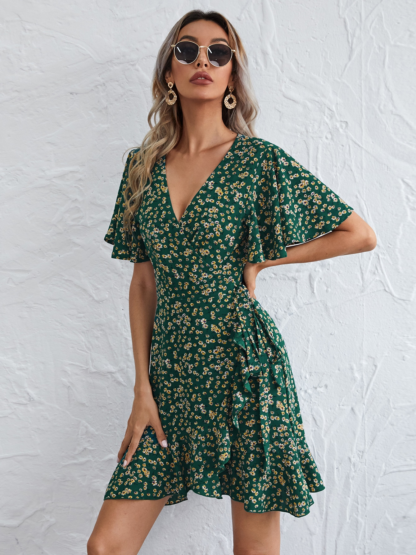 Flutter Sleeve Wrap Tie Front Ditsy Floral Dress thumbnail