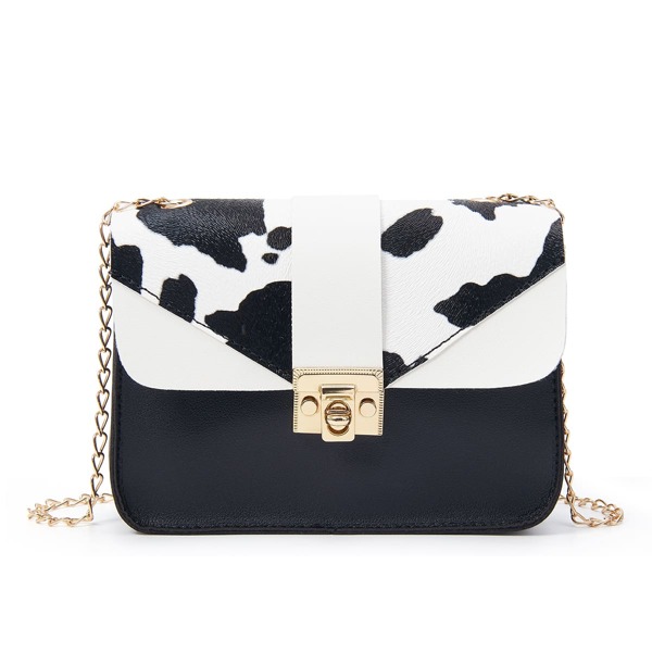 

Cow Pattern Twist Lock Flap Chain Bag, Black