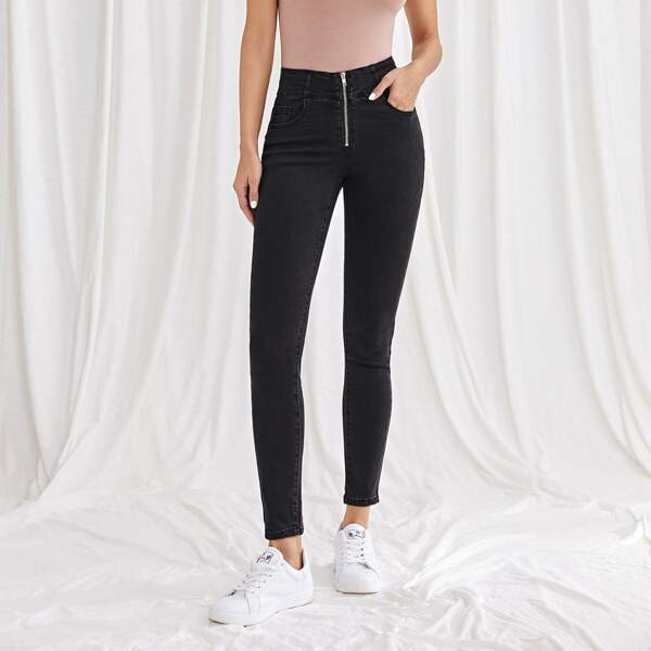 

Zip Front High Stretch Skinny Jeans, Black