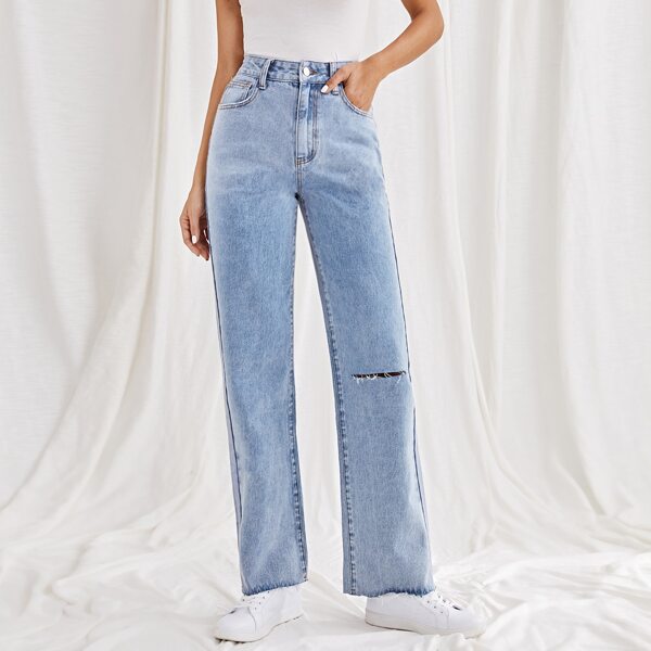 

High Waist Ripped Straight Leg Jeans, Light wash