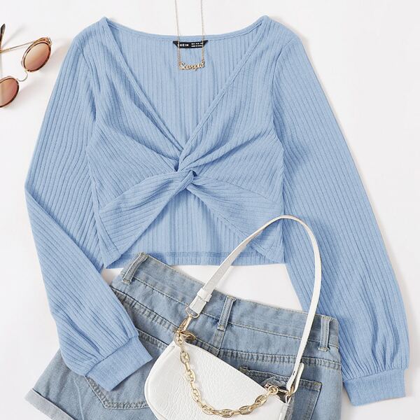 

Ribbed Twist-Front Crop Top, Baby blue