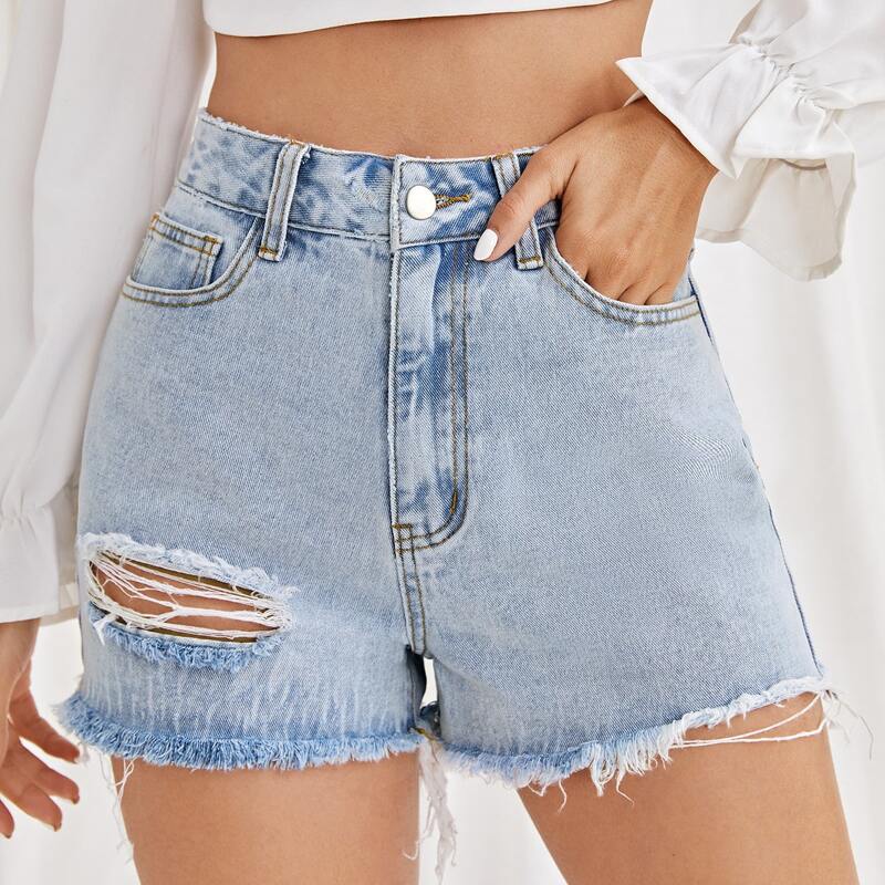 

High Waist Ripped Raw Hem Denim Shorts, Light wash
