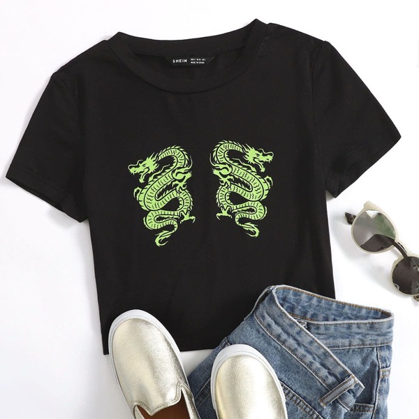 

Chinese Dragon Print Top, Black
