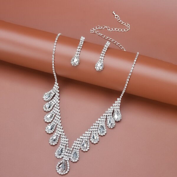 

1pc Water-drop Rhinestone Pendant Necklace & 1pair Earrings, Silver