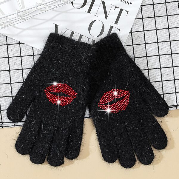 

Rhinestone Lips Decor Gloves, Black