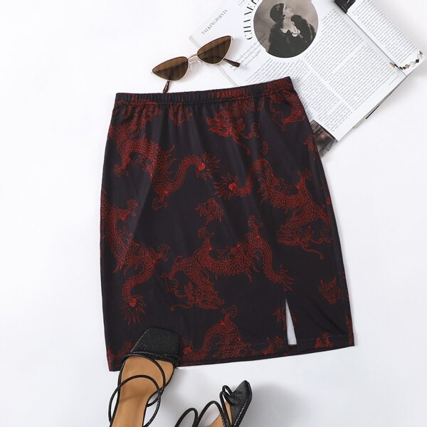 

Chinese Dragon Print Slit Hem Skirt, Black