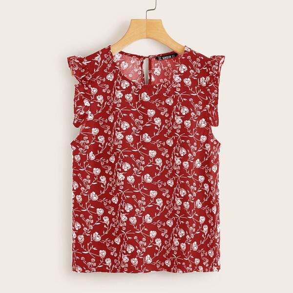 

Frill Trim Floral Print Sleeveless Top, Burgundy