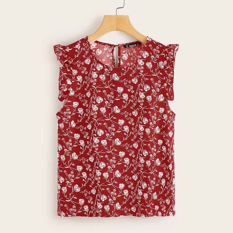 

Frill Trim Floral Print Sleeveless Top, Burgundy