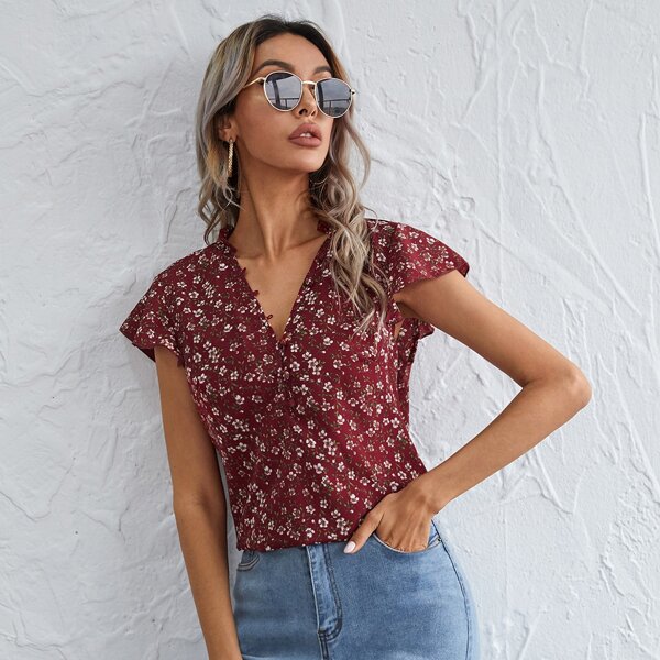 

Floral Print Cap Sleeve Blouse, Burgundy