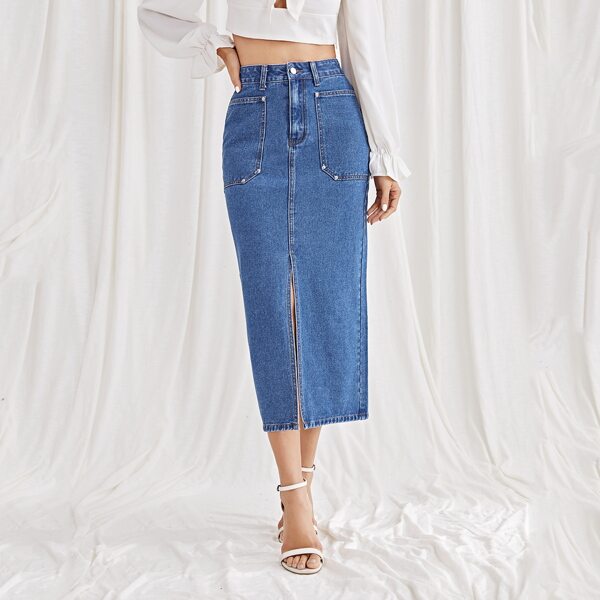 

Pocket Front Split Denim Skirt, Medium wash