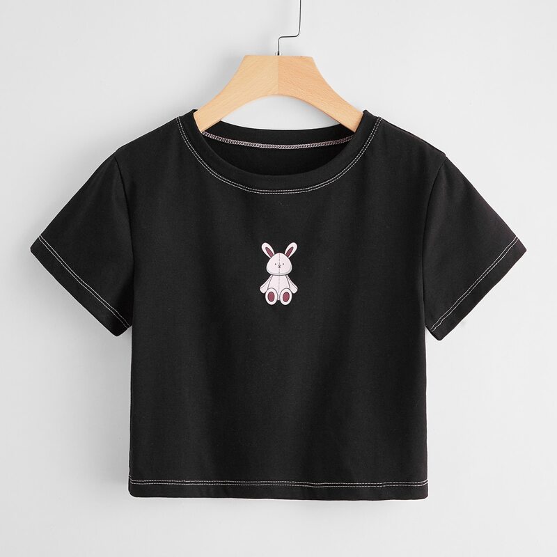 

Contrast Stitching Rabbit Graphic Tee, Black
