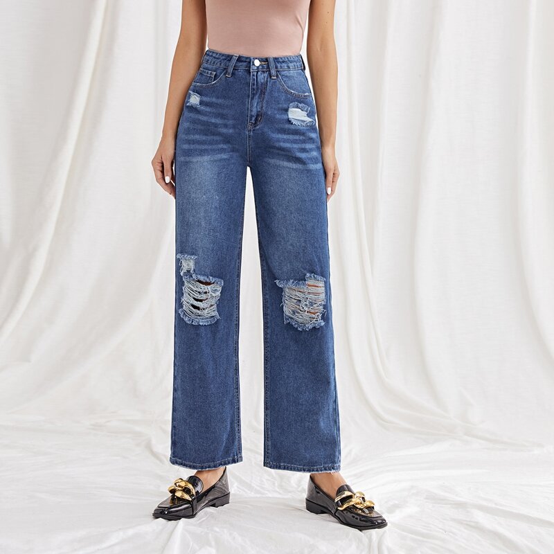 

High Waist Ripped Raw Hem Straight Jeans, Medium wash