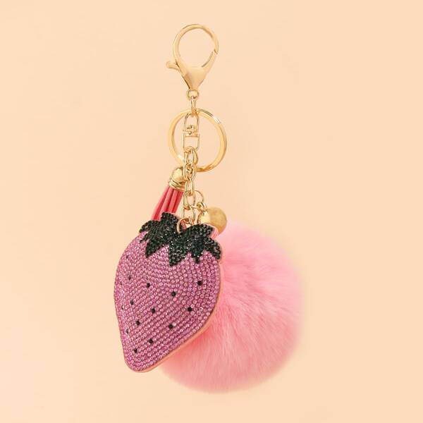 

Strawberry & Pom Pom Charm Keychain, Pink