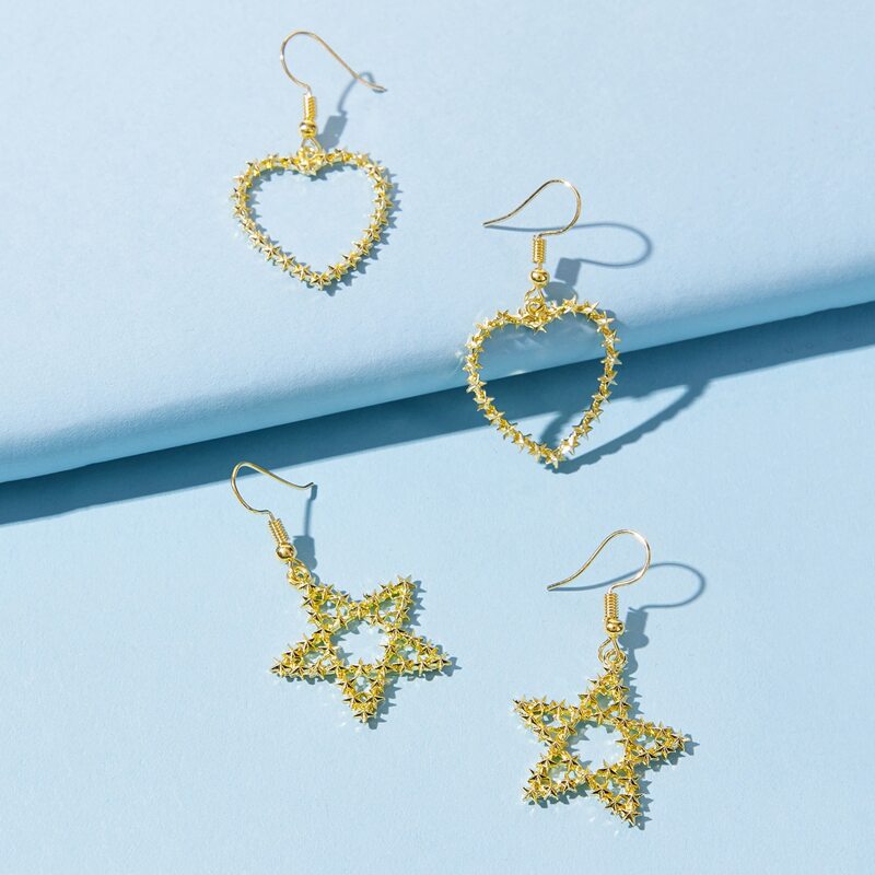 

2pairs Star & Heart Drop Earrings, Gold